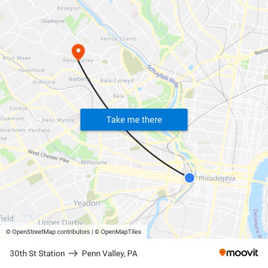 30th St Station to Penn Valley, PA map