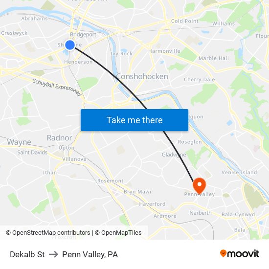 Dekalb St to Penn Valley, PA map