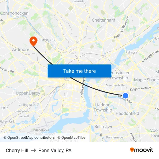 Cherry Hill to Penn Valley, PA map