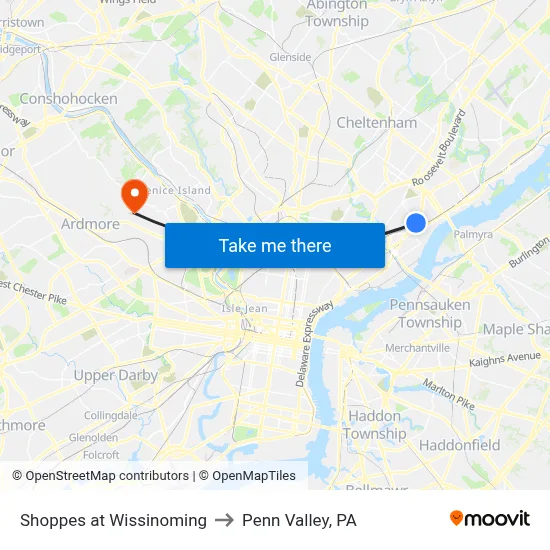 Shoppes at Wissinoming to Penn Valley, PA map