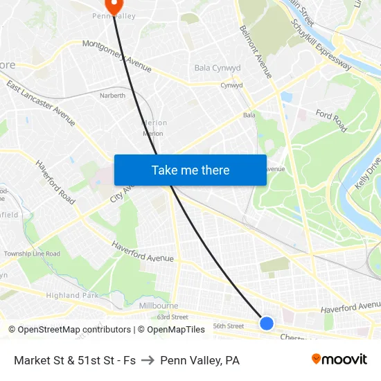 Market St & 51st St - Fs to Penn Valley, PA map