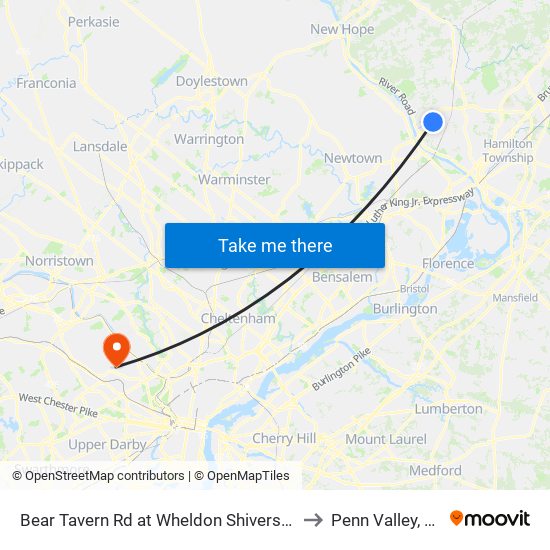 Bear Tavern Rd at Wheldon Shivers Dr to Penn Valley, PA map