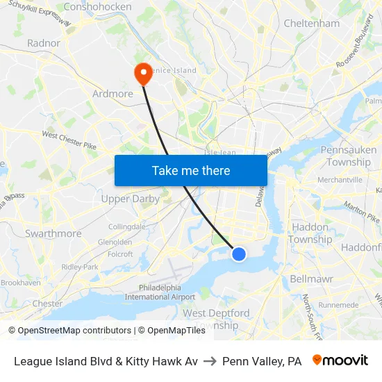 League Island Blvd & Kitty Hawk Av to Penn Valley, PA map