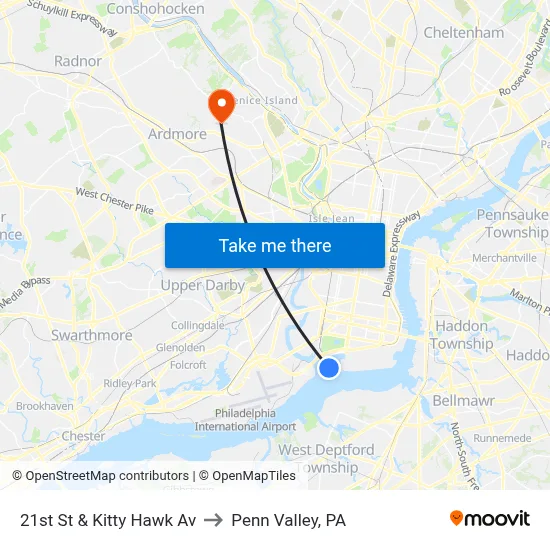21st St & Kitty Hawk Av to Penn Valley, PA map