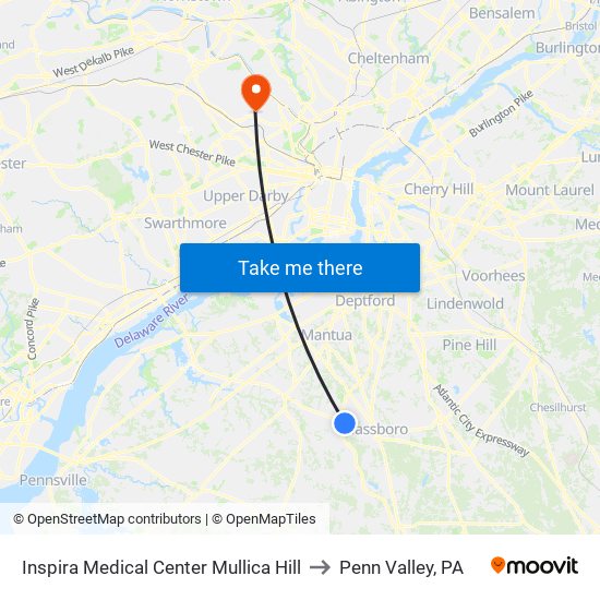 Inspira Medical Center Mullica Hill to Penn Valley, PA map