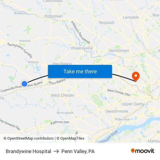 Brandywine Hospital to Penn Valley, PA map