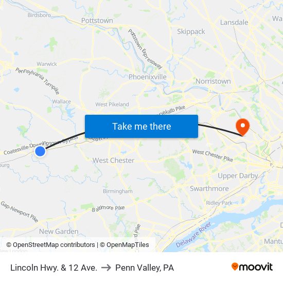 Lincoln Hwy. & 12 Ave. to Penn Valley, PA map