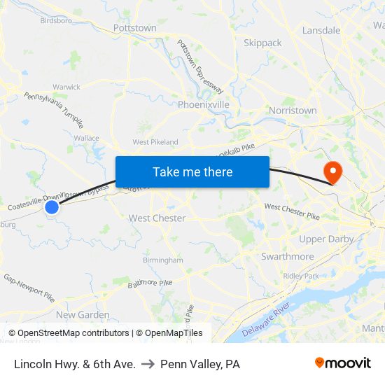 Lincoln Hwy. & 6th Ave. to Penn Valley, PA map