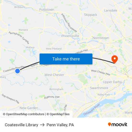 Coatesville Library to Penn Valley, PA map
