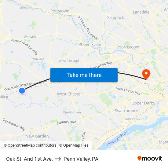 Oak St. And 1st Ave. to Penn Valley, PA map