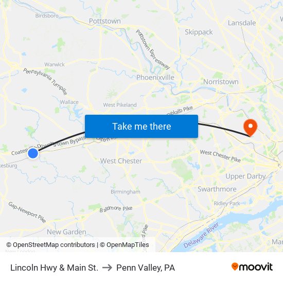 Lincoln Hwy & Main St. to Penn Valley, PA map