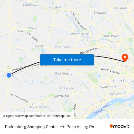 Parkesburg Shopping Center to Penn Valley, PA map