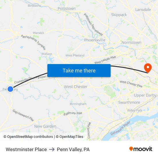 Westminster Place to Penn Valley, PA map