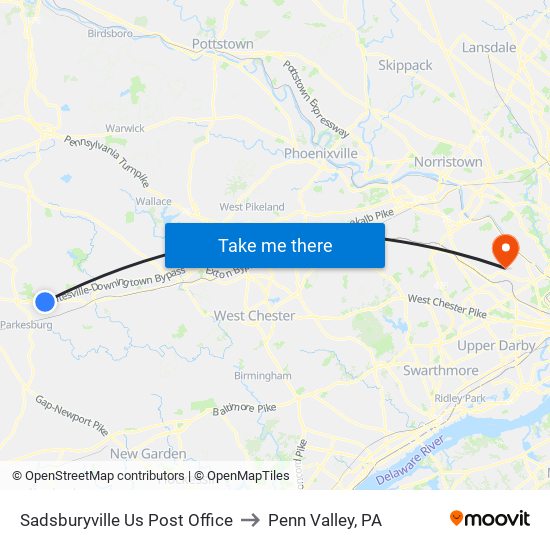 Sadsburyville  Us Post Office to Penn Valley, PA map