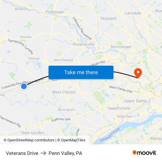 Veterans Drive to Penn Valley, PA map