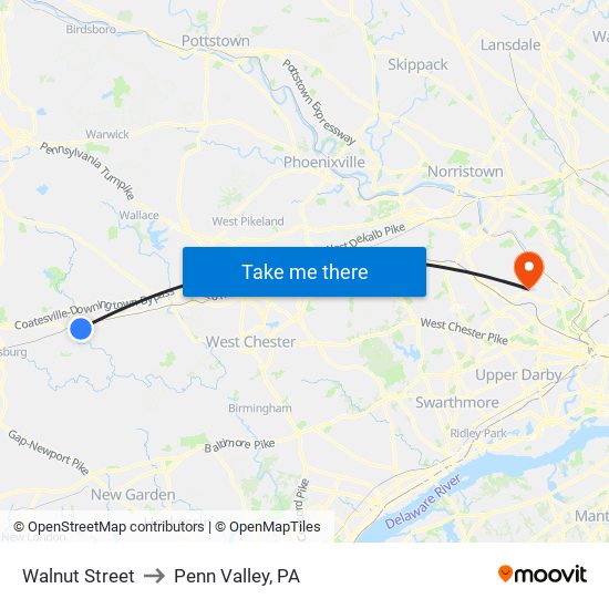 Walnut Street to Penn Valley, PA map
