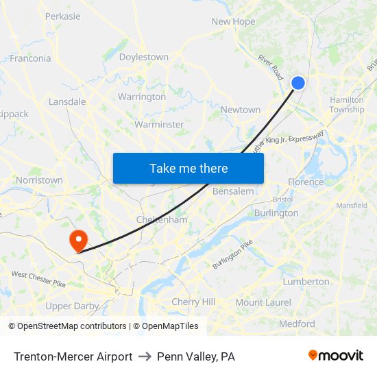Trenton-Mercer Airport to Penn Valley, PA map