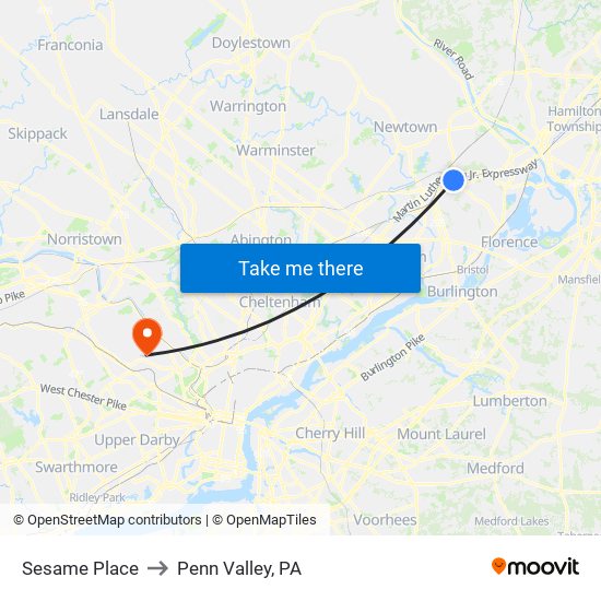 Sesame Place to Penn Valley, PA map
