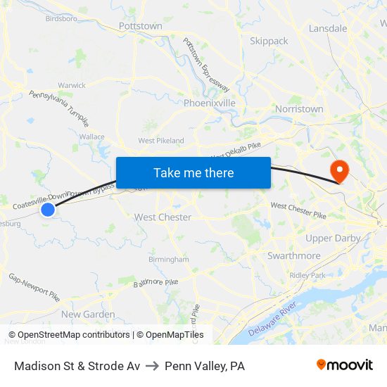 Madison St & Strode Av to Penn Valley, PA map