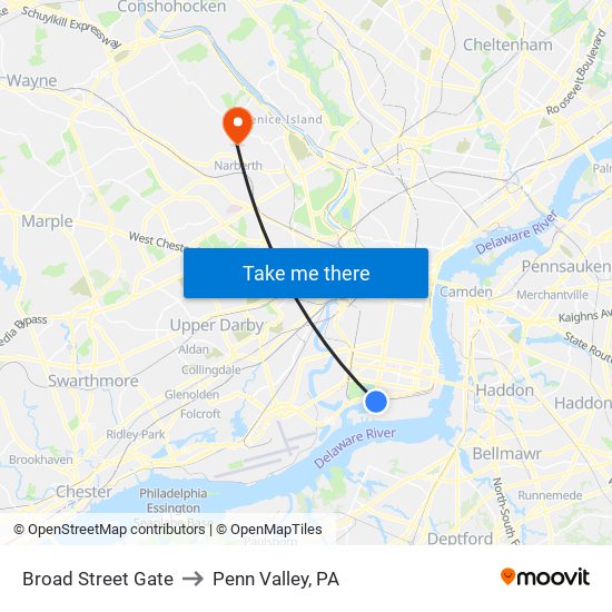 Broad Street Gate to Penn Valley, PA map