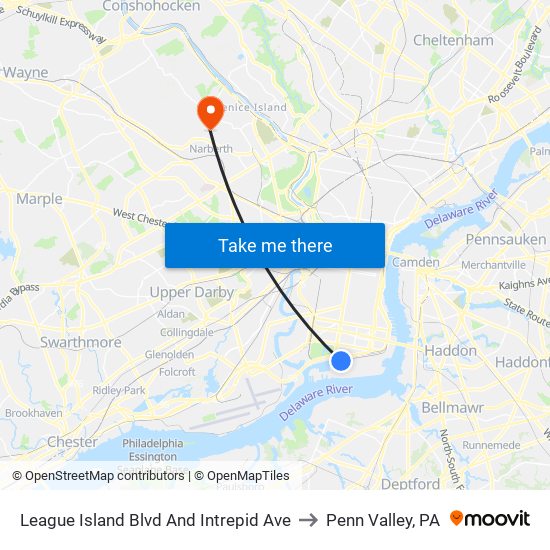 League Island Blvd And Intrepid Ave to Penn Valley, PA map