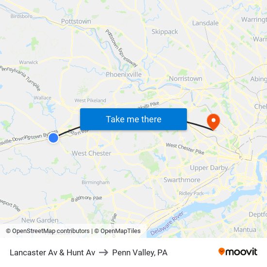 Lancaster Av & Hunt Av to Penn Valley, PA map