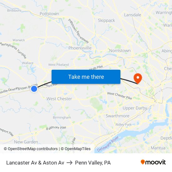 Lancaster Av & Aston Av to Penn Valley, PA map