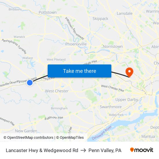 Lancaster Hwy & Wedgewood Rd to Penn Valley, PA map