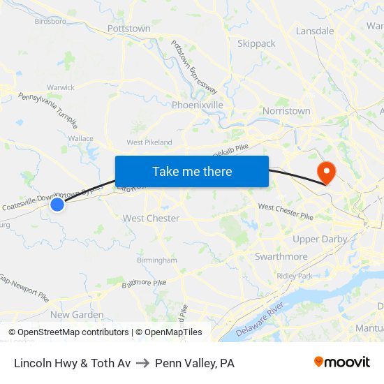 Lincoln Hwy & Toth Av to Penn Valley, PA map