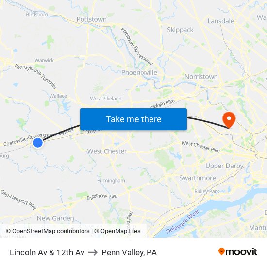 Lincoln Av & 12th Av to Penn Valley, PA map