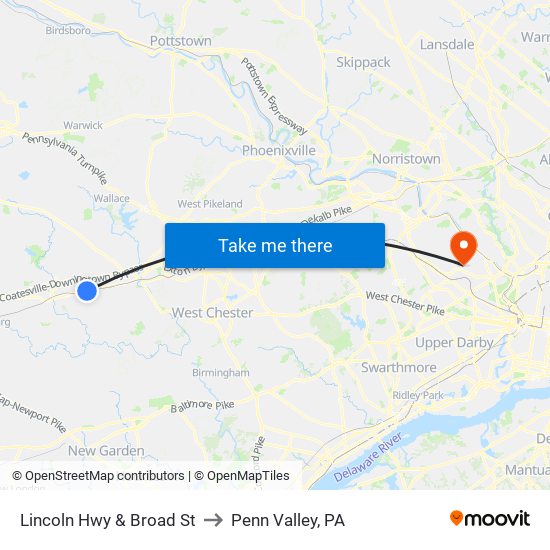 Lincoln Hwy & Broad St to Penn Valley, PA map