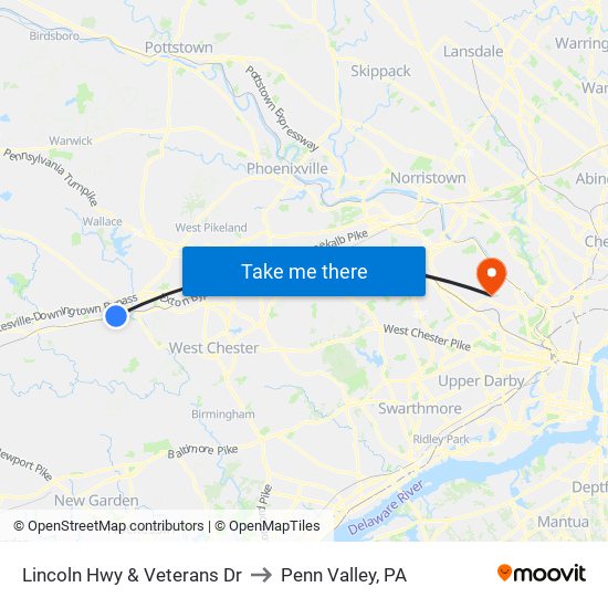 Lincoln Hwy & Veterans Dr to Penn Valley, PA map