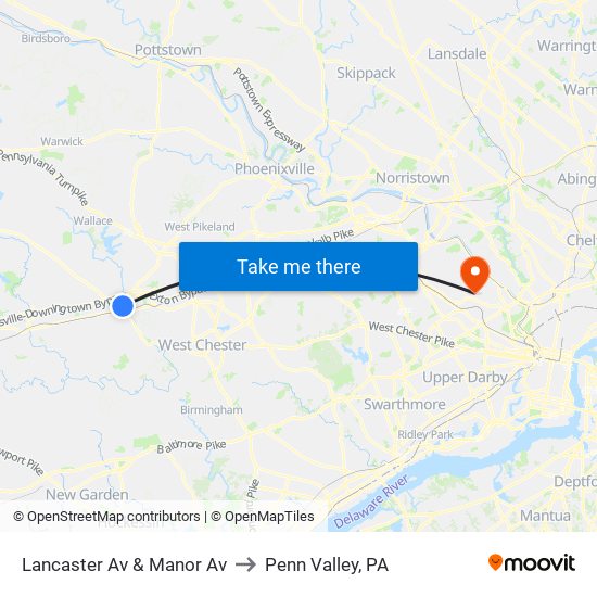 Lancaster Av & Manor Av to Penn Valley, PA map