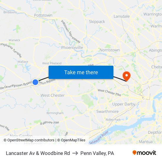 Lancaster Av & Woodbine Rd to Penn Valley, PA map