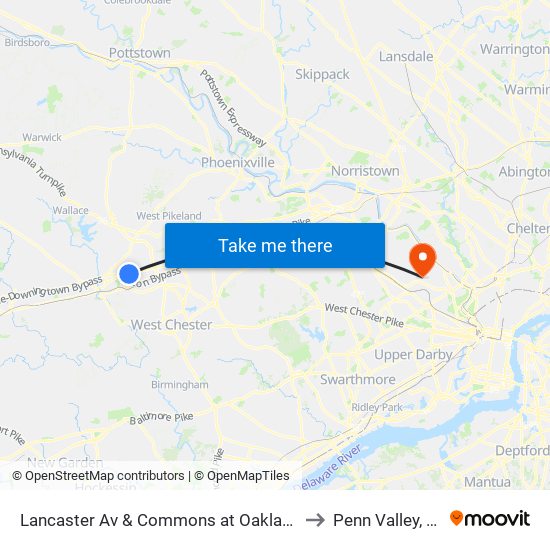 Lancaster Av & Commons at Oaklands to Penn Valley, PA map