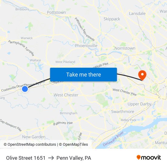 Olive Street 1651 to Penn Valley, PA map