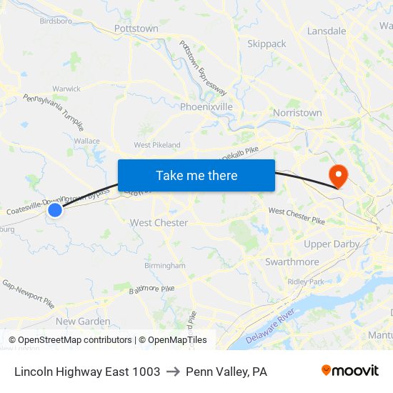 Lincoln Highway East 1003 to Penn Valley, PA map