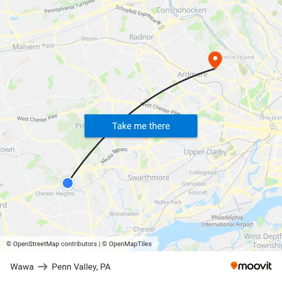 Wawa to Penn Valley, PA map