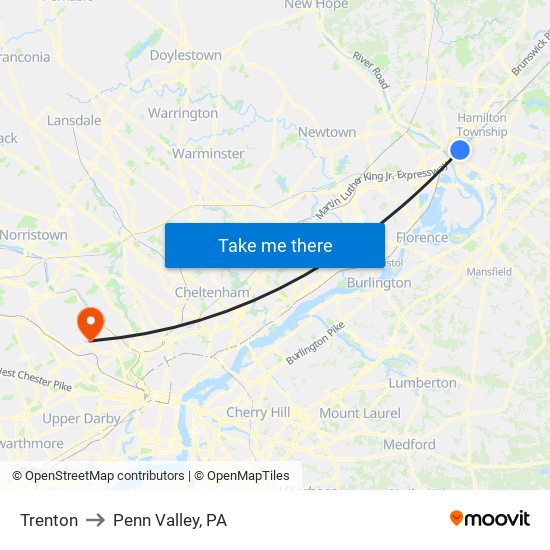 Trenton to Penn Valley, PA map