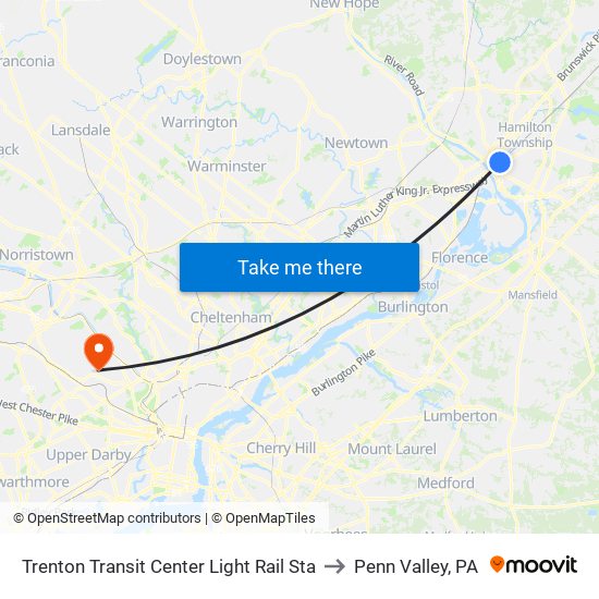 Trenton Transit Center Light Rail Sta to Penn Valley, PA map
