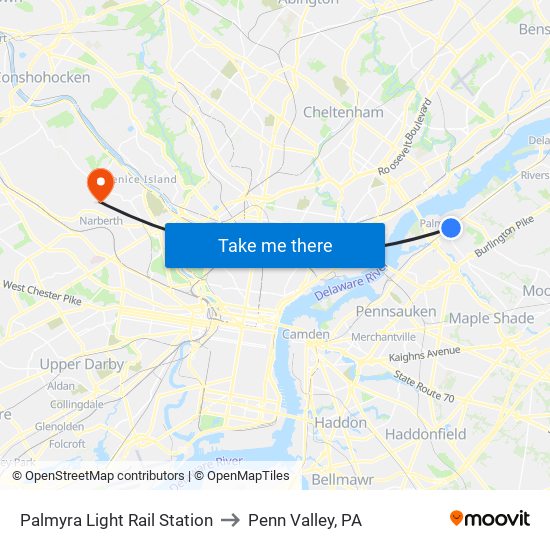 Palmyra Light Rail Station to Penn Valley, PA map