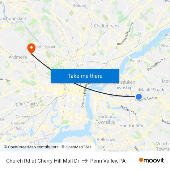 Church Rd at Cherry Hill Mall Dr to Penn Valley, PA map