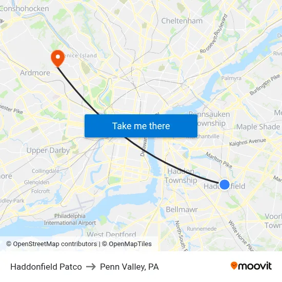 Haddonfield Patco to Penn Valley, PA map