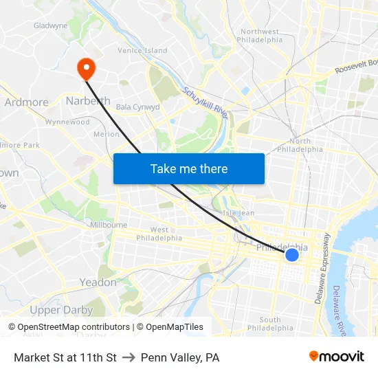 Market St at 11th St to Penn Valley, PA map
