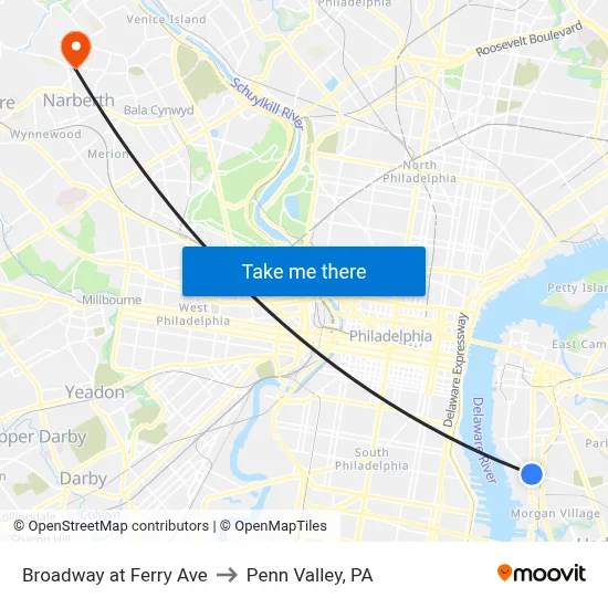Broadway at Ferry Ave to Penn Valley, PA map