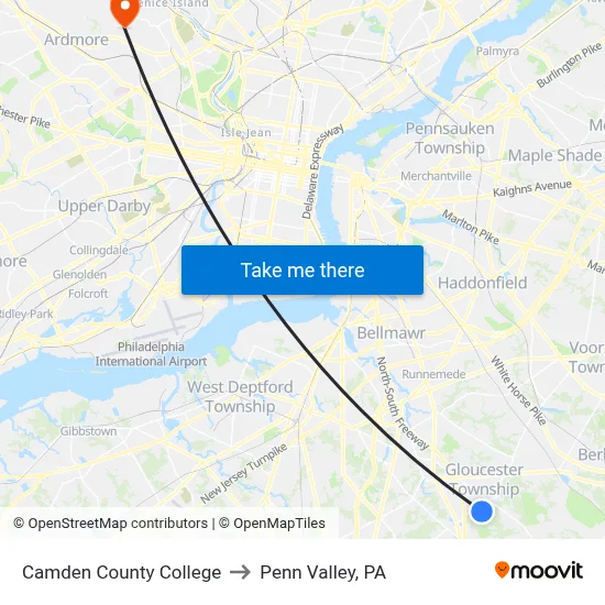 Camden County College to Penn Valley, PA map
