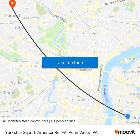 Yorkship Sq at E America Rd to Penn Valley, PA map