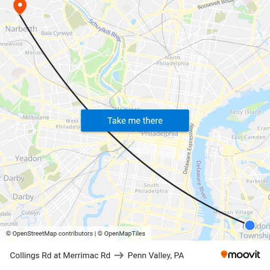Collings Rd at Merrimac Rd to Penn Valley, PA map