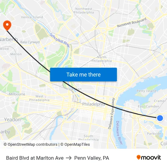 Baird Blvd at Marlton Ave to Penn Valley, PA map