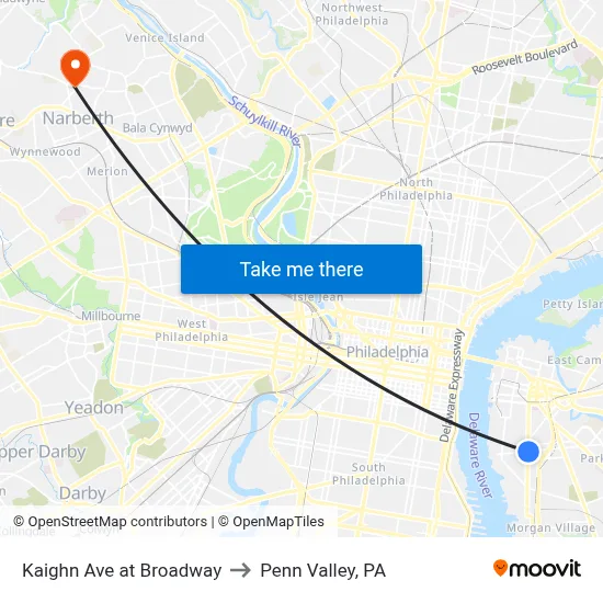 Kaighn Ave at Broadway to Penn Valley, PA map